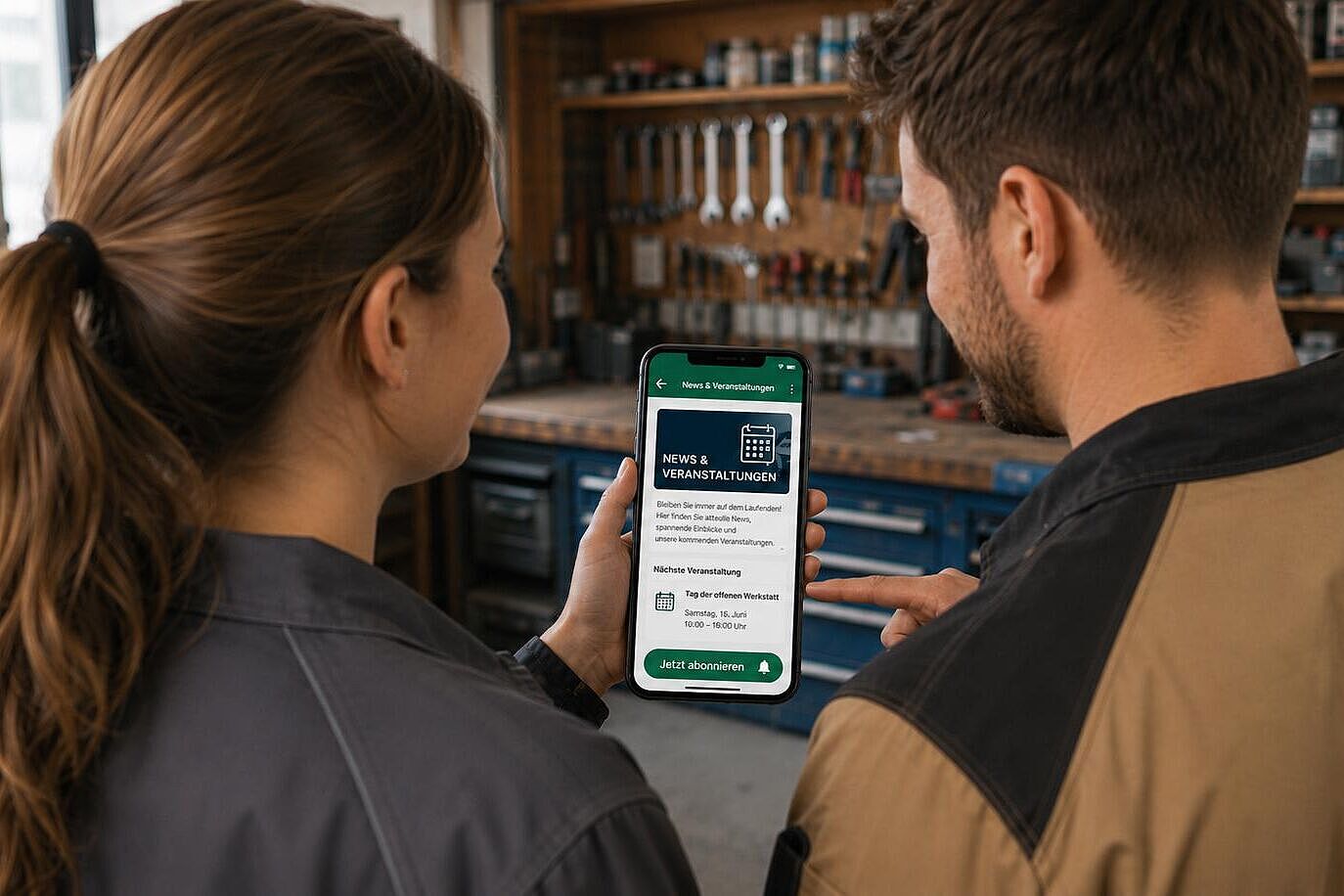Neuer WhatsApp-Kanal der Handwerkskammer Dresden für die Lausitz Zwei Personen betrachten ein geöffnetes WhatsApp-Fenster auf einem Handy.