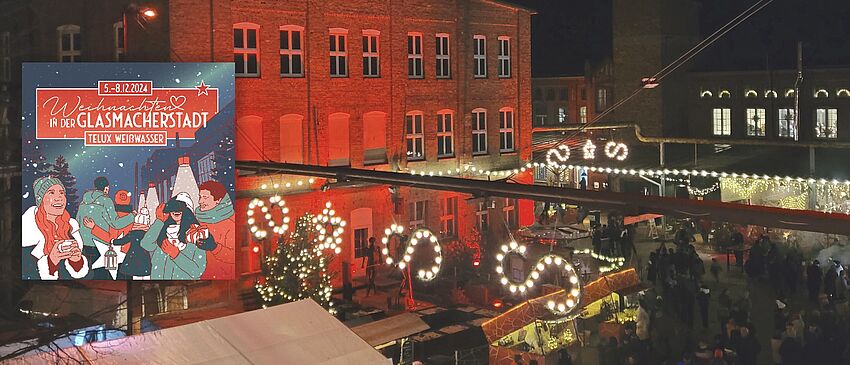 Blick von oben auf das Telux-Gelände (in Weißwasser) mit einem festlich geschmückten Weihnachtsmarkt.