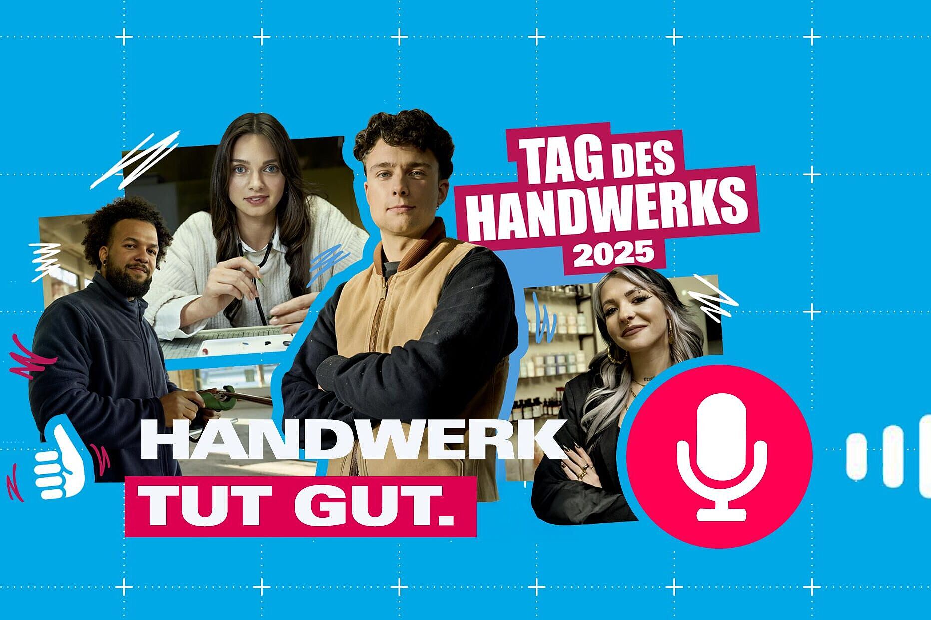 Jetzt reinhören: Radiosendung unter dem Motto „Handwerk tut gut“ Es sind drei kreisförmig angeordnete Porträts zu sehen. Darunter steht der Schriftzug „Handwerk tut gut”.