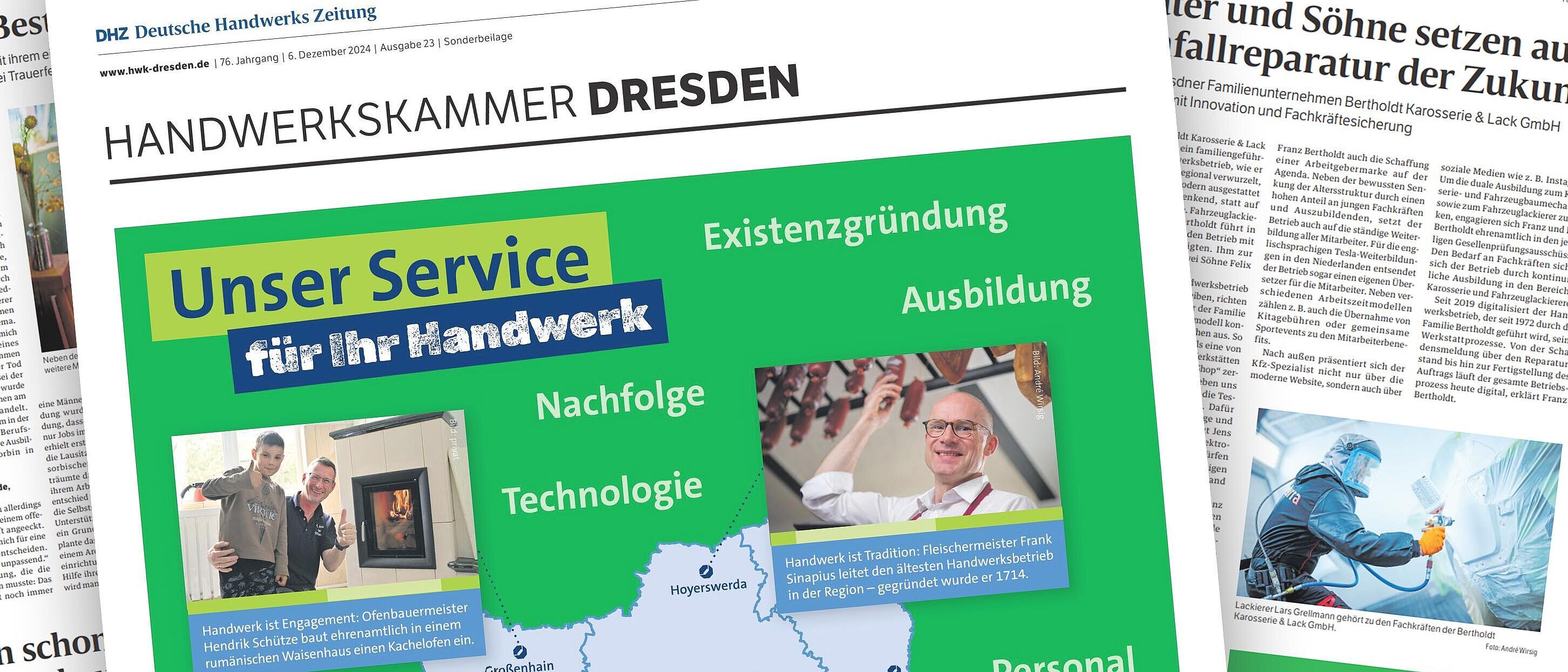 Ausschnitt des Zeitungs-Titelblattes und einiger Unterseiten, welche darunter liegen von der Sonderbeilage zur Ausgabe 23/2024 der Deutschen Handwerks Zeitung (DHZ)