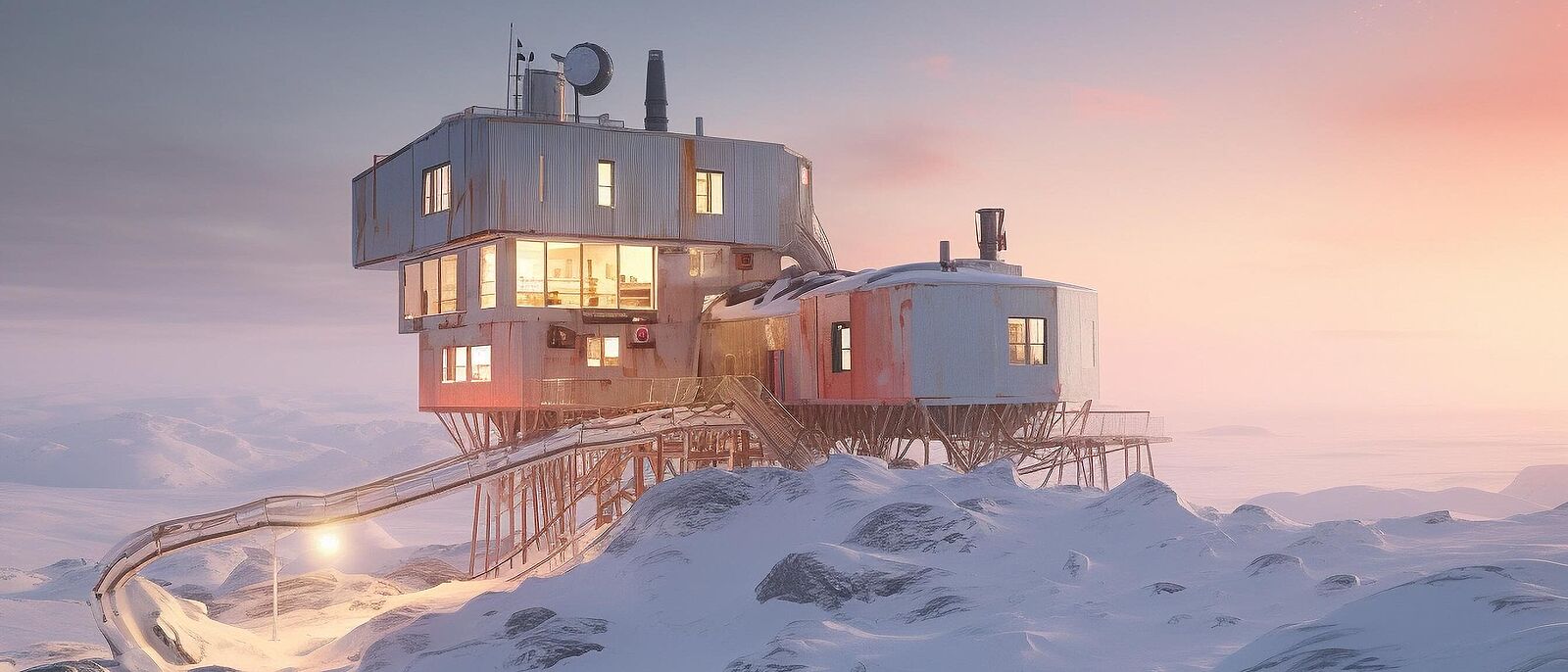 Arktische/Antarktische Forschungsstation in einer eisbedeckten Landschaft (Generiert mit KI).