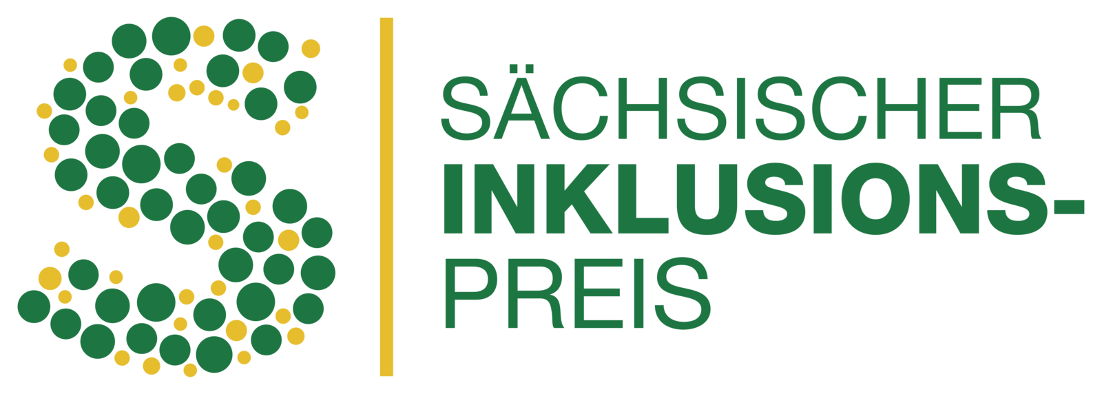 Zu sehen ist ein Logo des Sächsischen Inklusionspreises in den Farben Gelb und Grün.\nLinks ist ein aus gelben und grünen Punkten geformtes \"S\" unterbrochen mit einem gelben Balken, gefolgt vom Schriftzug. des Inklusionspreises.