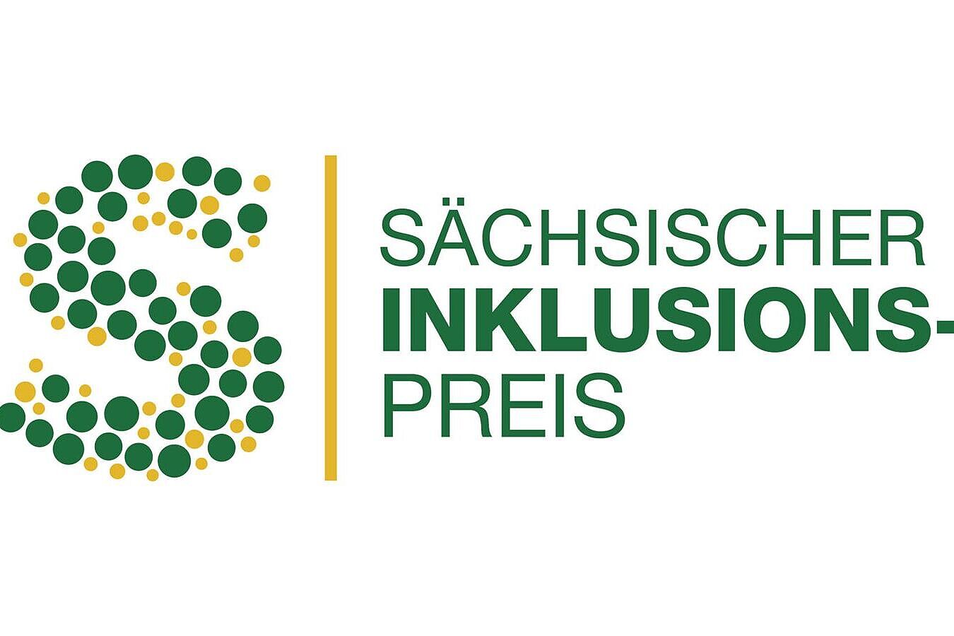Sächsischer Inklusionspreis 2026 Zu sehen ist ein Logo des Sächsischen Inklusionspreises in den Farben Gelb und Grün. Links ist ein aus gelben und grünen Punkten geformtes \"S\" unterbrochen mit einem gelben Balken, gefolgt vom Schriftzug. des Inklusionspreises.