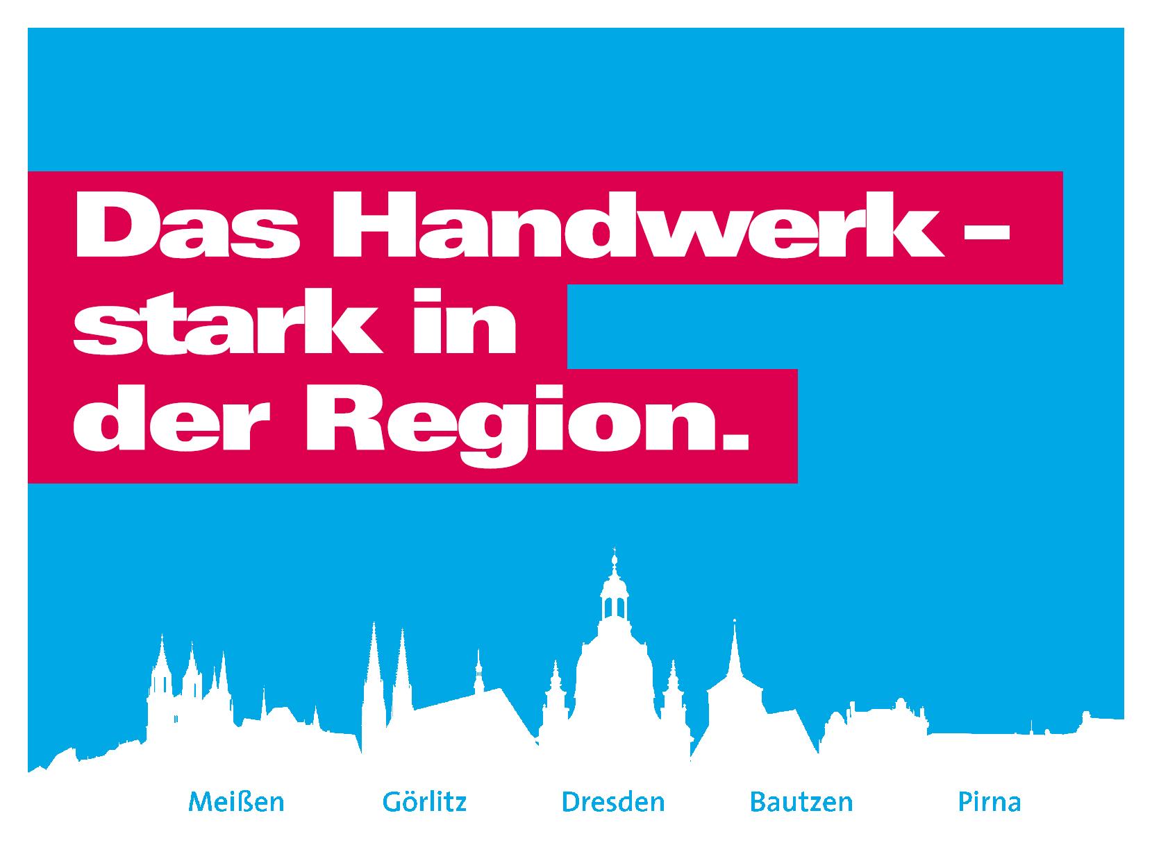 Hellblauer Hintergrund, unten eine Grafik mit einer Silhouette von Sehenswürdigkeiten Meißen, Görlitz, Dresden, Bautzen, Pirna. Darüber der Spruch in weiß auf rotem Hintergrund \"Das Handwerk – stark in der Region.\"
